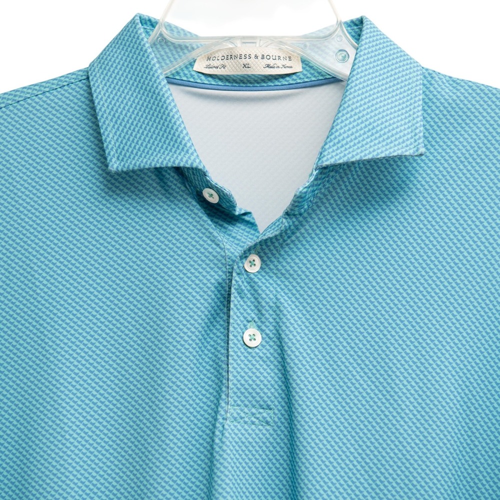 Holderness & Bourne XL Golf Polo‎ Aqua Blue Geometric Print Sporty Performance